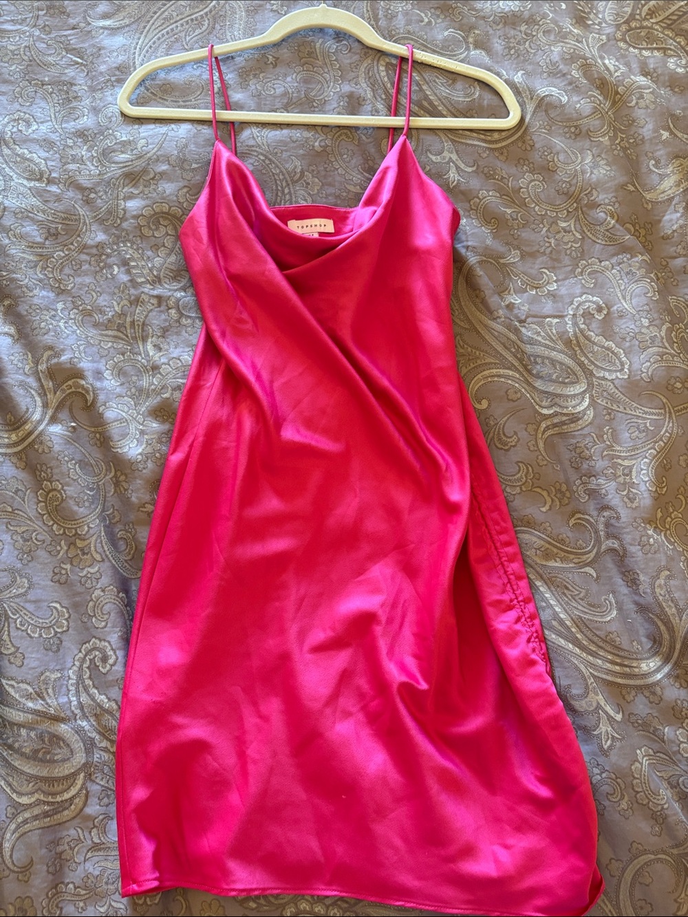 Topshop Pink Satin Ruched Slip Dress with Cowl Neck